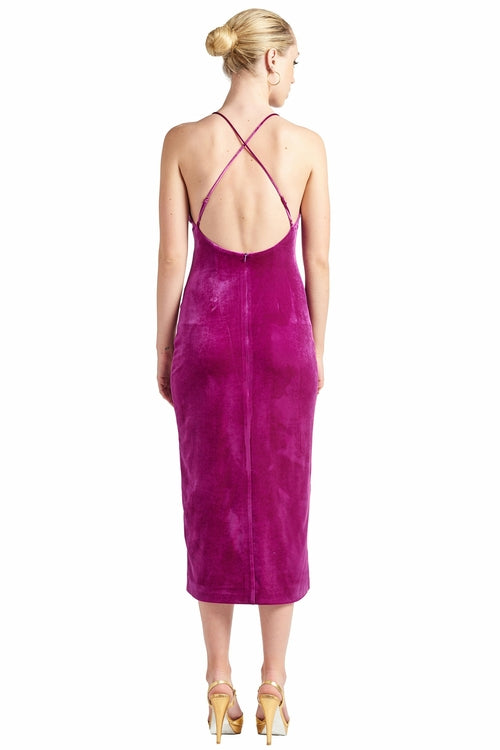 Elle Magenta Velvet Long Slip Dress - Front Thigh Slit, Low Criss