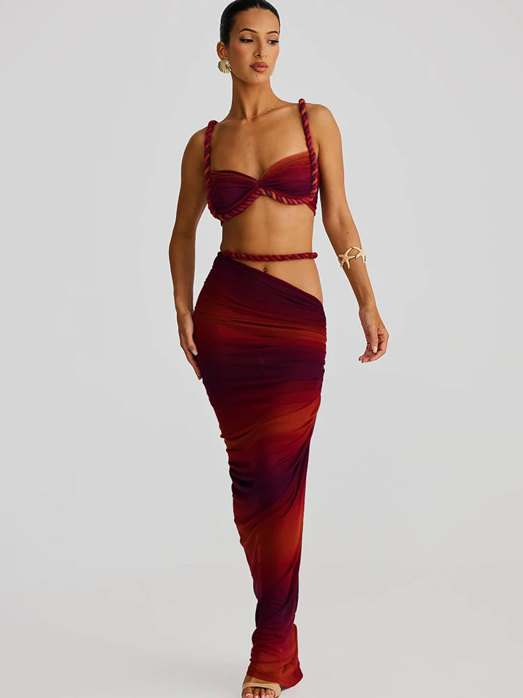 Cutenew Woven Matching Women 2 Piece Sexy Vacation Outfits Pleated Crop Camis+Shirring High Waist Maxi Skirts Solid Mujer Sets