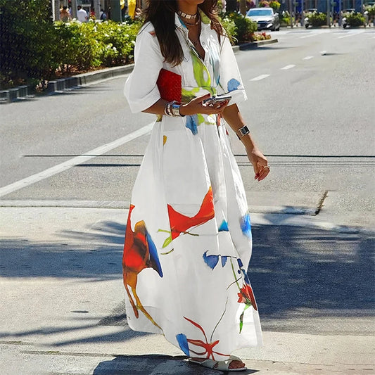 Women's Casual Elegant Dress Summer 2026 Spring Half Sleeves Loose Asymmetric Printed Split-Joint Tied Waist Lapel Maxi Dresses