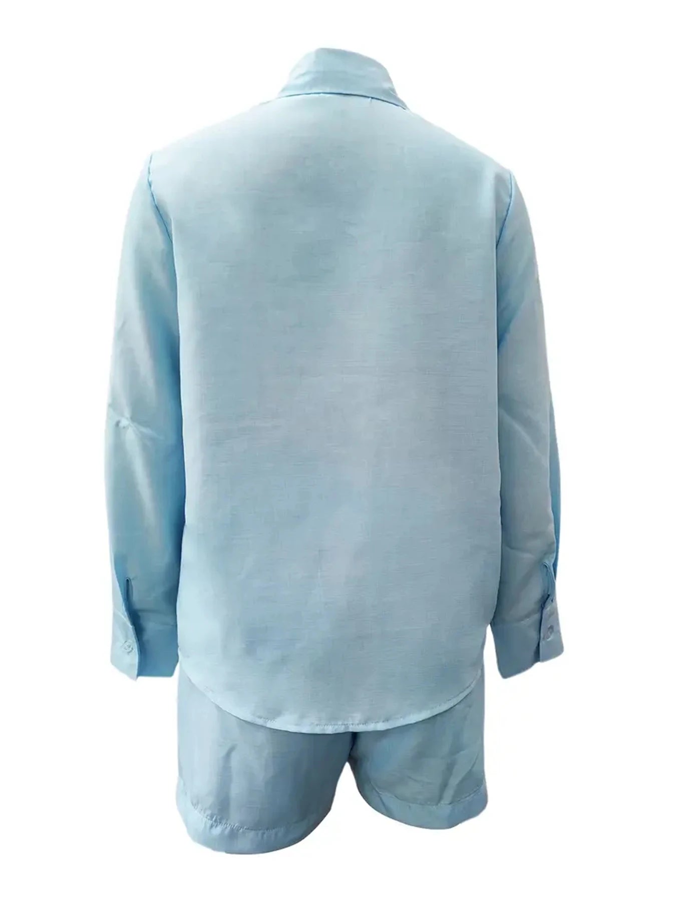 Women's Elegant Summer Two-Piece Set, Long-Sleeved Lapel Shirt and Slim-Fit Shorts, Comfortable Fit, Essential Summer Outfit