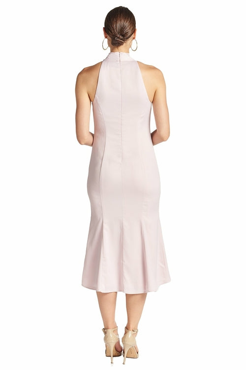 Eloise Dress - Stretch satin midi mermaid dress with neck tie rose