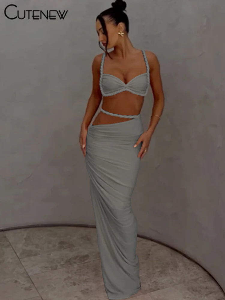Cutenew Woven Matching Women 2 Piece Sexy Vacation Outfits Pleated Crop Camis+Shirring High Waist Maxi Skirts Solid Mujer Sets