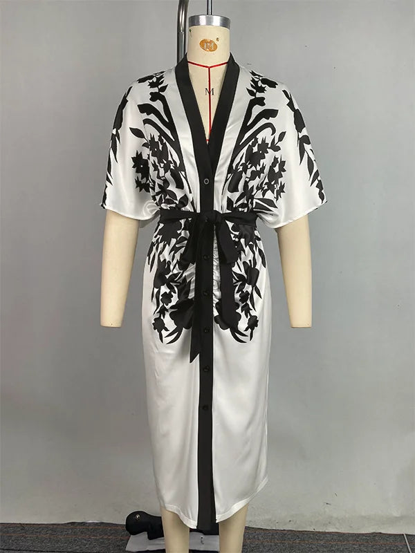 Office Ladies Office A-line Dress 2026 New Summer Half Sleeves Flower Print Printed Tied Waist V-Neck Women's Midi Dresses