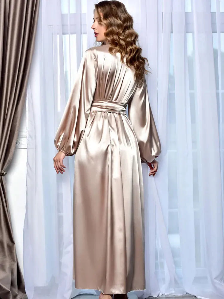 Long Satin Kimono Robe Maxi Boudoir Puff Sleeve Bridal Dressing Gown for Honeymoon Floor Length Getting Ready Robes Morning Gown