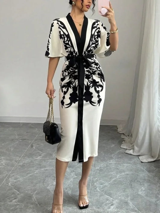 Office Ladies Office A-line Dress 2026 New Summer Half Sleeves Flower Print Printed Tied Waist V-Neck Women's Midi Dresses