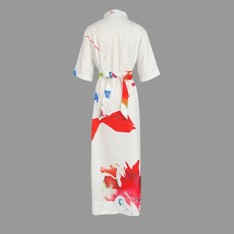 Women's Casual Elegant Dress Summer 2026 Spring Half Sleeves Loose Asymmetric Printed Split-Joint Tied Waist Lapel Maxi Dresses