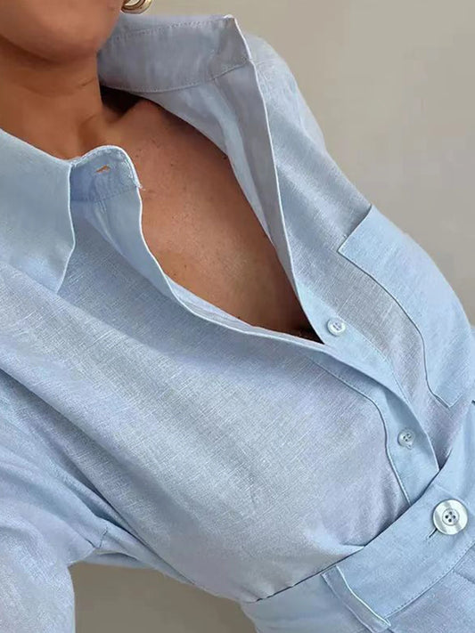 Women's Elegant Summer Two-Piece Set, Long-Sleeved Lapel Shirt and Slim-Fit Shorts, Comfortable Fit, Essential Summer Outfit