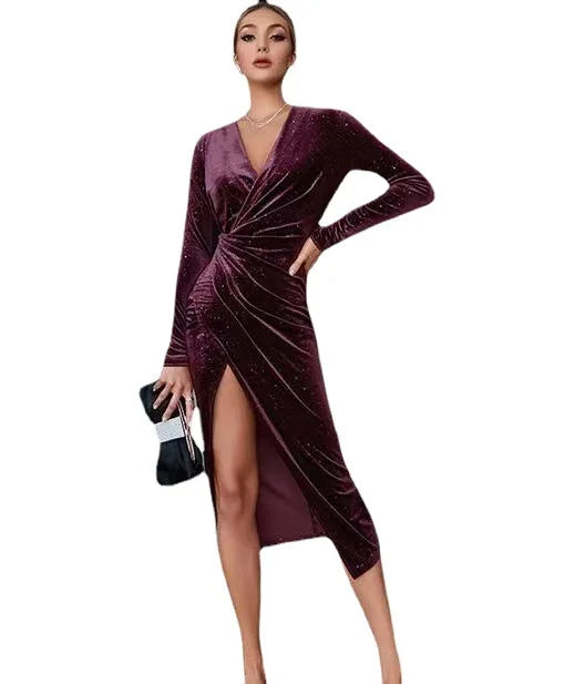 Women Dresses Roupas Feminina Autumn Winter Elegant Solid Color Slit Dress Women's Long Sleeve Formal Evening Sexy Evening Dress
