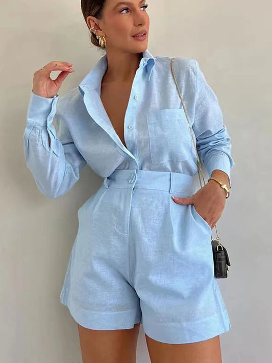 Women's Elegant Summer Two-Piece Set, Long-Sleeved Lapel Shirt and Slim-Fit Shorts, Comfortable Fit, Essential Summer Outfit