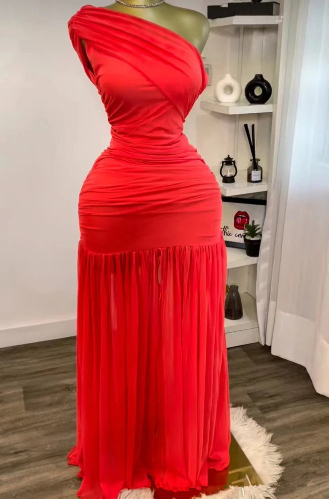 Stylish Evening Sexy Club Party Holiday Maxi Dress for Women Elegant Skew Neck One Sleeve Off Shoulder Mesh Slit Long Dresses