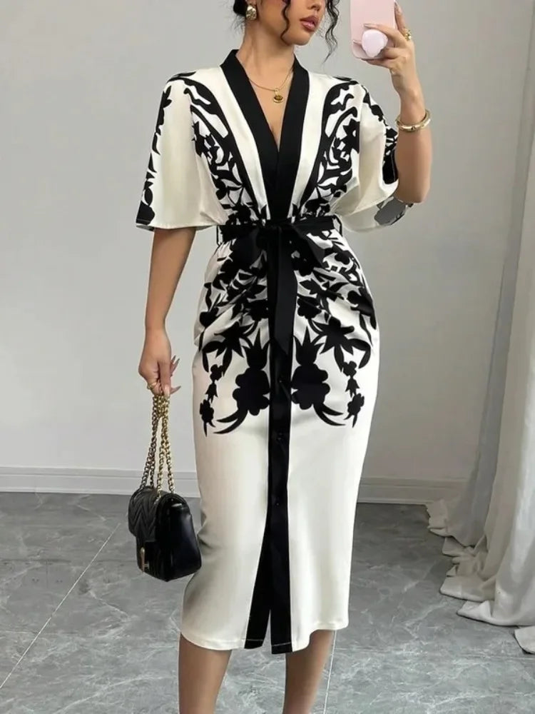 Office Ladies Office A-line Dress 2026 New Summer Half Sleeves Flower Print Printed Tied Waist V-Neck Women's Midi Dresses