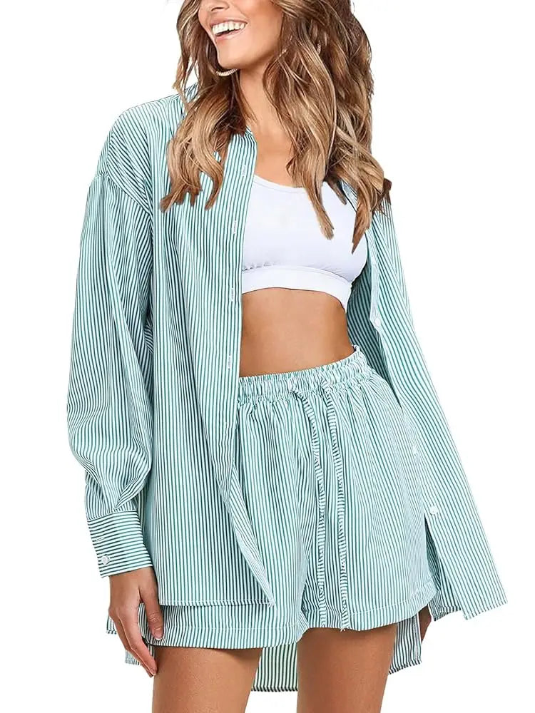 Women's Striped Long Sleeve Shirt Outfits 2 Piece Set Button Lapel Collar Blouse Top Drawsting Shorts Sets