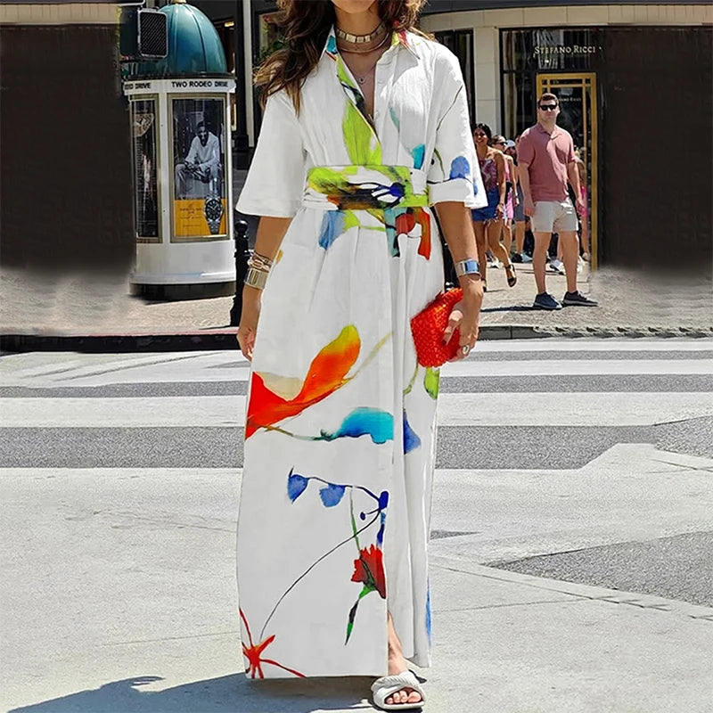 Women's Casual Elegant Dress Summer 2026 Spring Half Sleeves Loose Asymmetric Printed Split-Joint Tied Waist Lapel Maxi Dresses